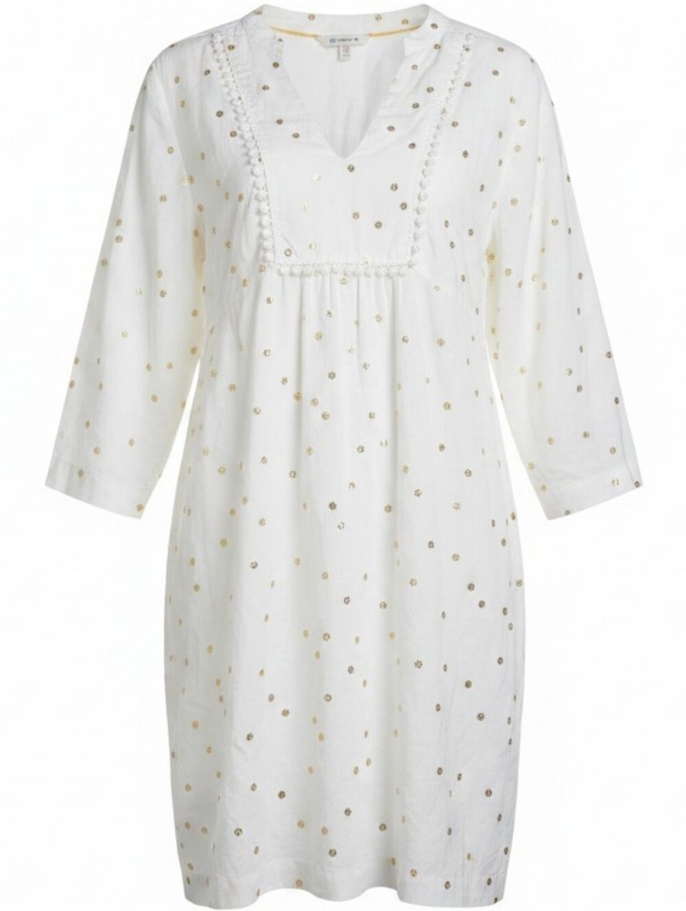 BODEN | 100% Linen Gold Foil Metallic Polka Dot Boho Pom Pom Shift Dress | 10 L
